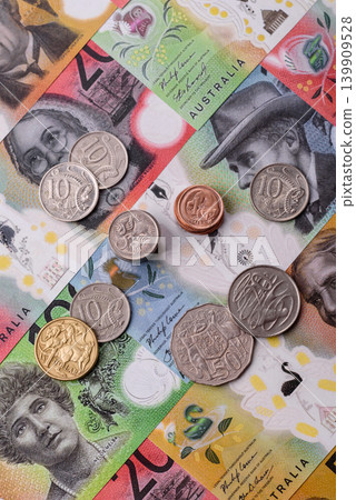 Australia, Australian paper money and coins, cash for financial transactions. Australian dollars Australia, Australian paper money and coins, cash for financial transactions. Australian dollars 139909528