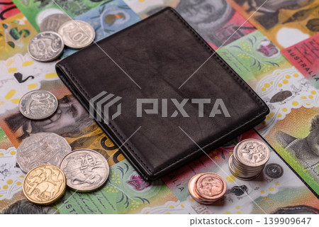 Australia, Australian dollar paper money and coins, financing exchange. Australian currency Australia, Australian dollar paper money and coins, financing exchange. Australian currency 139909647