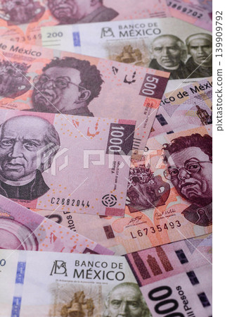 Mexican paper money, peso in various denominations. Mexican money Mexican paper money, peso in various denominations. Mexican money 139909792