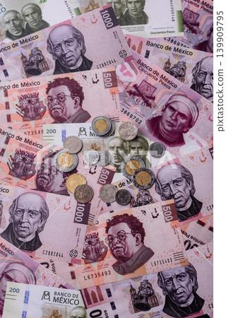 Mexican paper money, peso in various denominations. Mexican money Mexican paper money, peso in various denominations. Mexican money 139909795