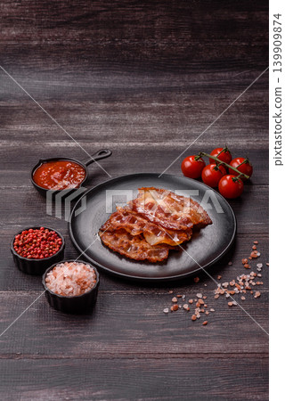 Fried fresh bacon slices with layers of meat or prosciutto with salt and spices. Fried bacon Fried fresh bacon slices with layers of meat or prosciutto with salt and spices. Fried bacon 139909874