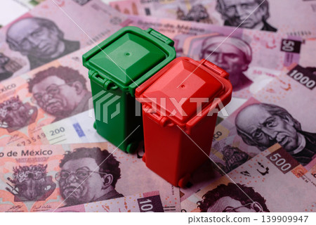 Bins for garbage, a conceptual background for selective and recycling waste disposal. Bins for trash Bins for garbage, a conceptual background for selective and recycling waste disposal. Bins for trash 139909947