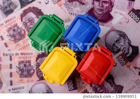 Bins for garbage, a conceptual background for selective and recycling waste disposal. Bins for trash Bins for garbage, a conceptual background for selective and recycling waste disposal. Bins for trash 139909951