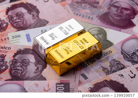 Gold and silver bullion or ingots as metals for bank storage, investments. Gold and silver bars 139910057
