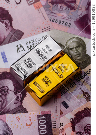 Gold and silver bullion or ingots as metals for bank storage, investments. Gold and silver bars 139910058
