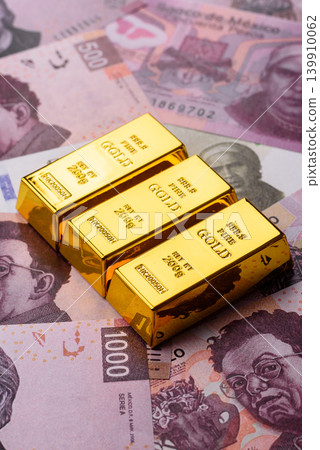 Mexican gold bars or ingots as a tool for balance, financial investment. Mexican gold bars 139910062