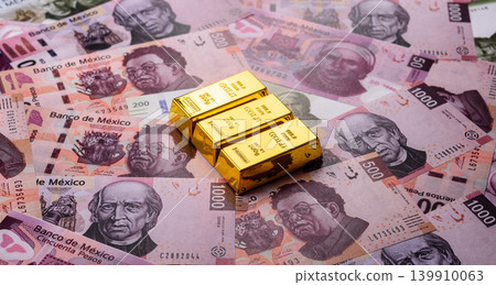Mexican gold bars or ingots as a tool for balance, financial investment. Mexican gold bars 139910063