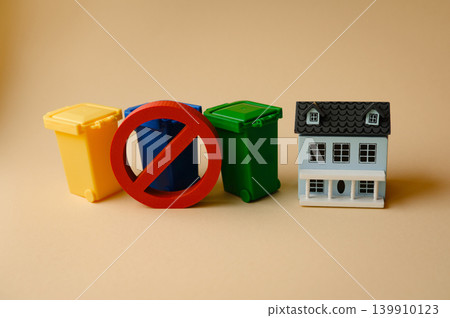 Conceptual background for waste sorting, trash, and home containers for sorting. Trash bins 139910123