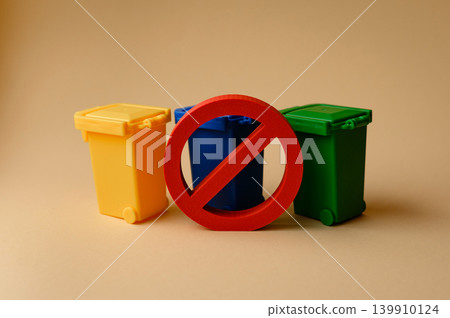 Conceptual background for waste sorting, trash, and home containers for sorting. Trash bins 139910124