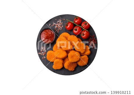 Fried chicken nuggets with sauce, salt, and spices, fast food, unhealthy food. Chicken nuggets Fried chicken nuggets with sauce, salt, and spices, fast food, unhealthy food. Chicken nuggets 139910211