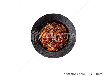 Food, Chinese or Japanese noodles with meat, vegetables, and spices. Noodles with beef 139910255