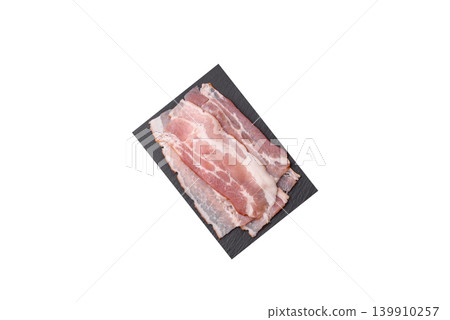 Raw fresh bacon slices with layers of meat or prosciutto with salt and spices. Raw bacon 139910257
