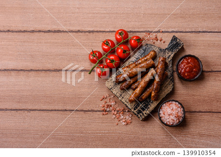 Thin chicken or pork sausages grilled or barbecued. Grilled sausages Thin chicken or pork sausages grilled or barbecued. Grilled sausages 139910354