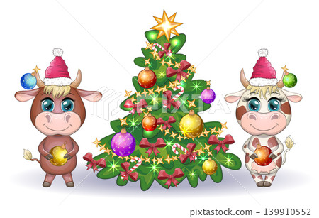 Merry Christmas and Happy New year. Funny cow in red hat with gift in cartoon style. Greeting card. 139910552