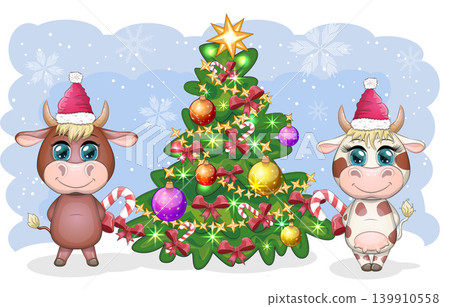 Merry Christmas and Happy New year. Funny cow in red hat with gift in cartoon style. Greeting card. 139910558