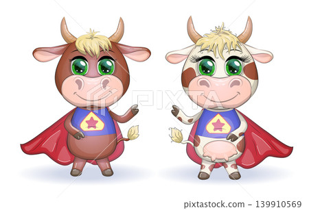 Cute cartoon cow, bull in a costume of hero with a red cloak, symbol 2021 on the eastern calendar. Cute cartoon cow, bull in a costume of hero with a red cloak, symbol 2021 on the eastern calendar. 139910569