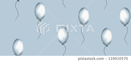 Seamless pattern with balloons in blue colors . Watercolor hand drawn illustration of floating balloons for festive decorations, kids wallpape. Ornament for kids goods on a blue background 139910570