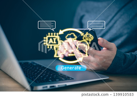 Person use smartphone and laptop with glowing AI icons, illustrating artificial intelligence generation, cloud processing, machine learning, and modern digital innovation for tech workflow. Person use smartphone and laptop with glowing AI icons, illustrating artificial intelligence generation, cloud processing, machine learning, and modern digital innovation for tech workflow. 139910583