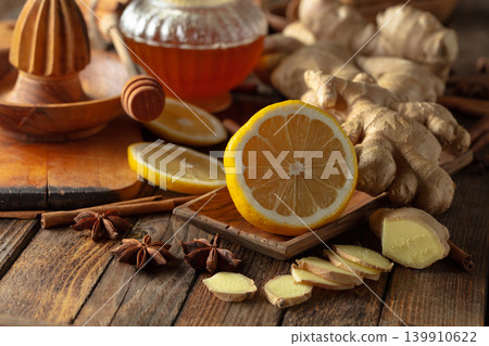 Ingredients for preparing ginger tea. Ingredients for preparing ginger tea. 139910622
