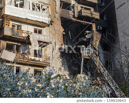 Multistory residential building after being hit Shahed attack drone Multistory residential building after being hit Shahed attack drone 139910643