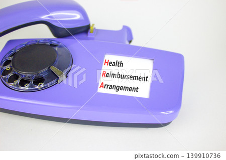 HRA health reimbursement arrangement symbol. Concept words HRA health reimbursement arrangement on beautiful old disk phone. Beautiful white background. Medical HRA concept. Copy space. 139910736