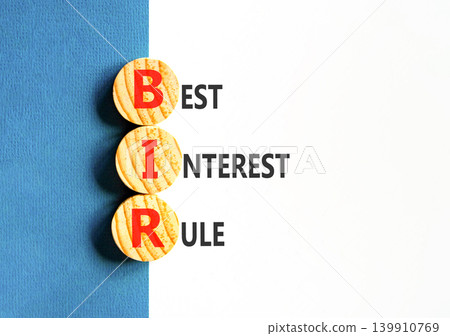 BIR best interest rule symbol. Concept words BIR best interest rule on beautiful wooden circles. Beautiful white blue background. Business BIR best interest rule concept. Copy space. 139910769