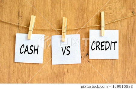 Cash vs credit words symbol. Concept words Cash vs credit on beautiful white papers on wooden clothespin. Beautiful wooden background. Business and cash vs credit concept. Copy space. Cash vs credit words symbol. Concept words Cash vs credit on beautiful white papers on wooden clothespin. Beautiful wooden background. Business and cash vs credit concept. Copy space. 139910888