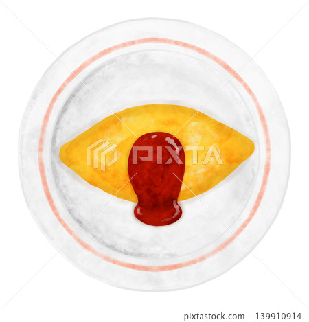 Watercolor-style omelet rice with salmon pink lines, plate, overhead view, top view, illustration, cafe. Watercolor-style omelet rice with salmon pink lines, plate, overhead view, top view, illustration, cafe. 139910914