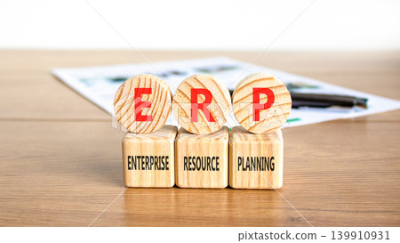ERP enterprise resource planning symbol. Concept words ERP enterprise resource planning on beautiful wooden circles. Beautiful wooden background. Business ERP concept. Copy space. 139910931