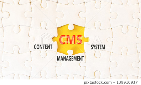 CMS content management system symbol. Concept words CMS content management system on beautiful white puzzles. Beautiful yellow background. Business CMS content management system concept. Copy space. CMS content management system symbol. Concept words CMS content management system on beautiful white puzzles. Beautiful yellow background. Business CMS content management system concept. Copy space. 139910937