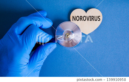 Norovirus medical words symbol. Concept words Norovirus on beautiful wooden heart. Beautiful blue background. Doctor hand in blue medical glove. Stethoscope. Medical Norovirus concept. Copy space. Norovirus medical words symbol. Concept words Norovirus on beautiful wooden heart. Beautiful blue background. Doctor hand in blue medical glove. Stethoscope. Medical Norovirus concept. Copy space. 139910958