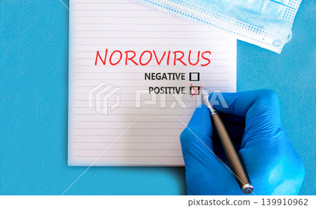 Norovirus word symbol. Concept words Norovirus positive on beautiful white note. Beautiful blue background. Doctor hand in blue medical glove. Medical mask. Medical Norovirus concept. Copy space. Norovirus word symbol. Concept words Norovirus positive on beautiful white note. Beautiful blue background. Doctor hand in blue medical glove. Medical mask. Medical Norovirus concept. Copy space. 139910962