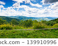 herb field in the mountain landscape in summer. wonderful view of carpathian mountains under cloudy sky. picturesque countryside landscape with forested hills. view in to the valley 139910996
