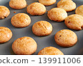 Freshly Baked Golden Round Cookies on a Baking Sheet 139911006