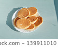 Stack of Fluffy Golden Pancakes on a Plate, natural sunlight 139911010