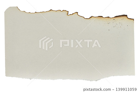A rectangular piece of thick white paper with a jagged, burnt top edge and fine soot marks A rectangular piece of thick white paper with a jagged, burnt top edge and fine soot marks 139911059