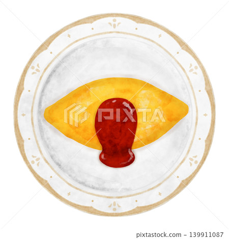 水彩風格的煎蛋飯，飾以金色裝飾，盛於古董盤子上，俯視圖，俯視，插圖，餐廳。 139911087
