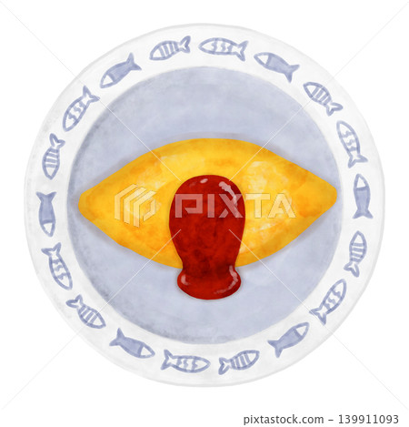 水彩風格的煎蛋飯，藍色，魚形圖案，海洋風，北歐風格，盤子，俯視圖，插圖，咖啡館 139911093