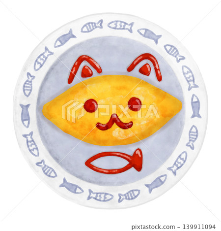 水彩風格兒童蛋包飯,貓咪裝飾,藍色,魚形圖案,海洋風,北歐風格,盤子,俯視圖,插圖,咖啡館 水彩風格兒童蛋包飯,貓咪裝飾,藍色,魚形圖案,海洋風,北歐風格,盤子,俯視圖,插圖,咖啡館 139911094