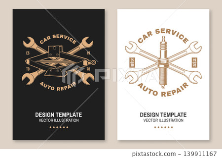 Vintage Auto Repair Service Poster with Spark Plug, Scissor Jack and Crossed Wrenches in Retro Garage Style Vector Design 139911167