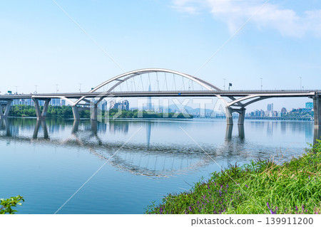 Beautiful yellow canola flowers (rapeseed) blooming along the Han River with Guri-Amsa Bridge in the background on a sunny spring afternoon 139911200