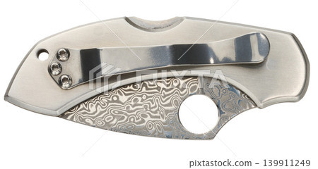 Folding pocket knife made of Damascus steel with a metal clip on the handle Folding pocket knife made of Damascus steel with a metal clip on the handle 139911249
