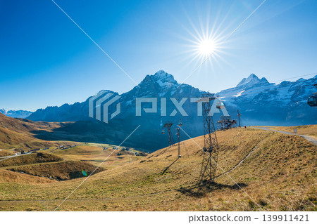 Autumn at the First Cable Car and Schreckhorn. Grindelwald, Bern Canton, Switzerland. 139911421