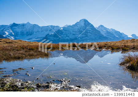The Eiger peak reflected in a puddle on an autumn hiking trail. Grindelwald, Bern, Switzerland The Eiger peak reflected in a puddle on an autumn hiking trail. Grindelwald, Bern, Switzerland 139911443