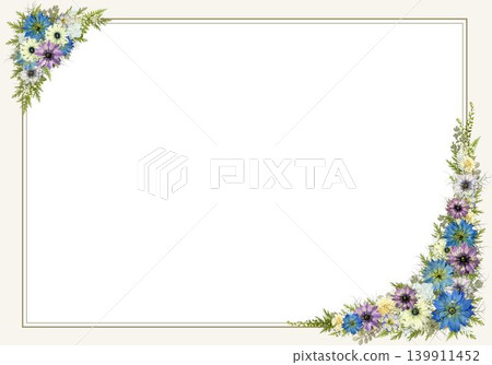 Pressed Nigella Flowers, A4 Horizontal Frame, Blue-Purple-White with Gold Border, Invitation Template Pressed Nigella Flowers, A4 Horizontal Frame, Blue-Purple-White with Gold Border, Invitation Template 139911452