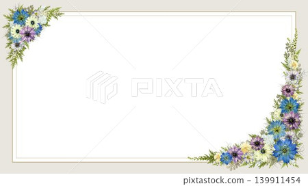 Pressed Nigella Flower, Horizontal 16:9 Frame, Blue-Purple-White with Gold Border, Presentation Background Pressed Nigella Flower, Horizontal 16:9 Frame, Blue-Purple-White with Gold Border, Presentation Background 139911454