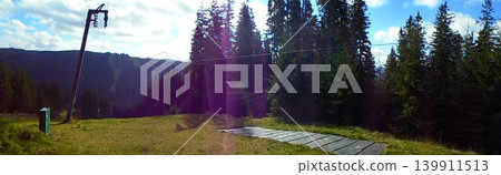 Panoramic view from ski slope of sunlit mountains, forests, and meadows Panoramic view from ski slope of sunlit mountains, forests, and meadows 139911513