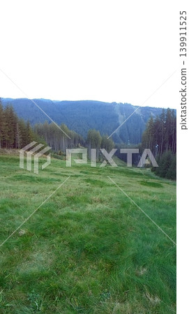 Vertical panoramic image of mountain meadow. Ski slope in Beskydy in summer. Vertical panoramic image of mountain meadow. Ski slope in Beskydy in summer. 139911525