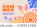 Greeting summer banner. Beach holiday vibe. Top view on beach accessories - beach umbrella, sunglasses, ice creams. Summer positive vibe design for sales, posters, covers, ads. Vector illustration Greeting summer banner. Beach holiday vibe. Top view on beach accessories - beach umbrella, sunglasses, ice creams. Summer positive vibe design for sales, posters, covers, ads. Vector illustration 139911568