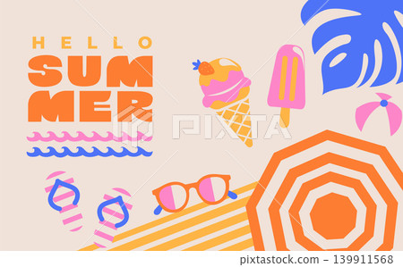 Greeting summer banner. Beach holiday vibe. Top view on beach accessories - beach umbrella, sunglasses, ice creams. Summer positive vibe design for sales, posters, covers, ads. Vector illustration Greeting summer banner. Beach holiday vibe. Top view on beach accessories - beach umbrella, sunglasses, ice creams. Summer positive vibe design for sales, posters, covers, ads. Vector illustration 139911568